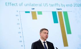 Belgique, Bruxelles :  le commissaire européen au Commerce Valdis Dombrovskis, EU Spring 2025 Economic Forecast (19/05/2025)
