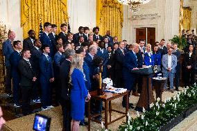 President Trump welcomes the 2025 NCAA Men's College Basketball Champions to the East Room
