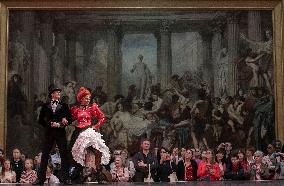 Moulin Rouge dancers perform at the Musee d'Orsay