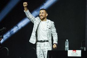 Merab Dvalishvili Gestures During the UFC 316 Press Conference
