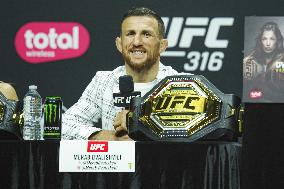 Merab Dvalishvili Gestures During the UFC 316 Press Conference