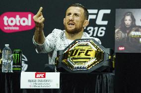 Merab Dvalishvili Gestures During the UFC 316 Press Conference