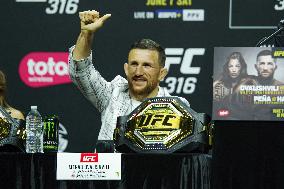 Merab Dvalishvili Gestures During the UFC 316 Press Conference