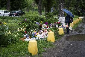 A memorial of a family killed in Russian missile strike