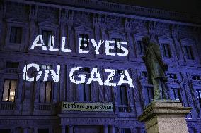 Protest Message All Eyes on Gaza Projected in Milan