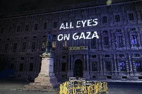 Protest Message All Eyes on Gaza Projected in Milan