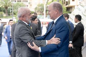 NO TABLOIDS - President Macron Visits Monaco With Prince Albert II