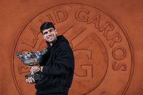 Carlos Alcaraz Celebrates with Coupe des Mousquetaires Trophy - Paris