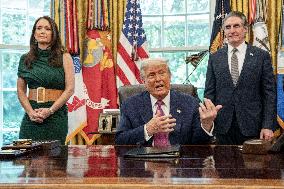 US Presdient Trump Speaks in the Oval Office at the White House on Fires and LA Protests