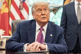 US Presdient Trump Speaks in the Oval Office at the White House on Fires and LA Protests
