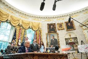 US Presdient Trump Speaks in the Oval Office at the White House on Fires and LA Protests