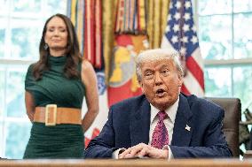 US Presdient Trump Speaks in the Oval Office at the White House on Fires and LA Protests