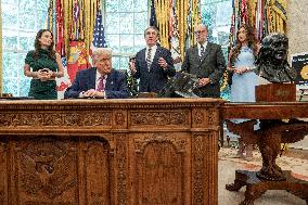 US Presdient Trump Speaks in the Oval Office at the White House on Fires and LA Protests
