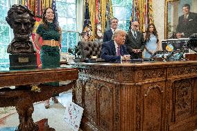 US Presdient Trump Speaks in the Oval Office at the White House on Fires and LA Protests