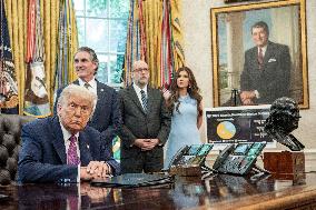 US Presdient Trump Speaks in the Oval Office at the White House on Fires and LA Protests