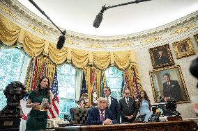 US Presdient Trump Speaks in the Oval Office at the White House on Fires and LA Protests