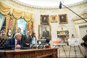 US Presdient Trump Speaks in the Oval Office at the White House on Fires and LA Protests