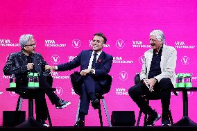 President Macron Debates With Arthur Mensch And Jensen Huang - Paris