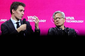 President Macron Debates With Arthur Mensch And Jensen Huang - Paris