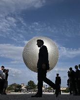 Macron Visits The Olympic Cauldron Reinstallation Site - Paris