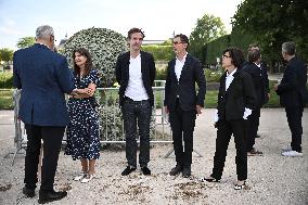 Macron Visits The Olympic Cauldron Reinstallation Site - Paris