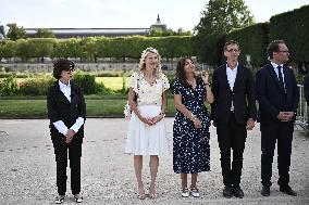 Macron Visits The Olympic Cauldron Reinstallation Site - Paris