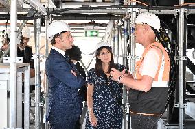Macron Visits The Olympic Cauldron Reinstallation Site - Paris