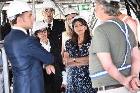 Macron Visits The Olympic Cauldron Reinstallation Site - Paris