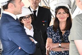 Macron Visits The Olympic Cauldron Reinstallation Site - Paris