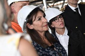 Macron Visits The Olympic Cauldron Reinstallation Site - Paris