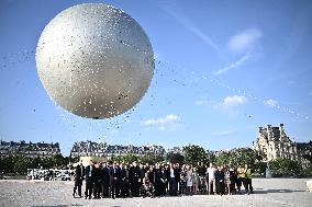 Macron Visits The Olympic Cauldron Reinstallation Site - Paris