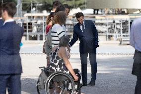 Emmanuel Macron visits the Olympic cauldron at the Tuileries - Paris