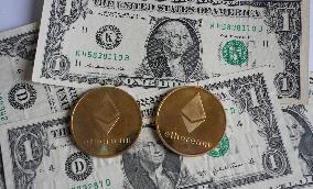 US Dollars And Ethereum Coins