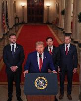 U.S. President Donald Trump delivers an address to the nation at the White House in Washington, following U.S. strikes on Iran's