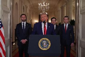 U.S. President Donald Trump delivers an address to the nation at the White House in Washington, following U.S. strikes on Iran's