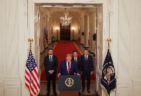 U.S. President Donald Trump delivers an address to the nation at the White House in Washington, following U.S. strikes on Iran's