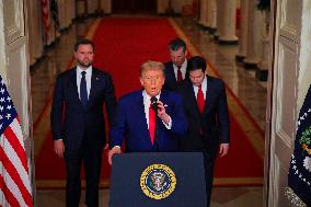 U.S. President Donald Trump delivers an address to the nation at the White House in Washington, following U.S. strikes on Iran's