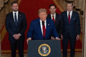 U.S. President Donald Trump delivers an address to the nation at the White House in Washington, following U.S. strikes on Iran's