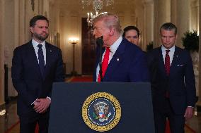 U.S. President Donald Trump delivers an address to the nation at the White House in Washington, following U.S. strikes on Iran's
