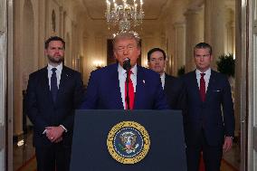 U.S. President Donald Trump delivers an address to the nation at the White House in Washington, following U.S. strikes on Iran's