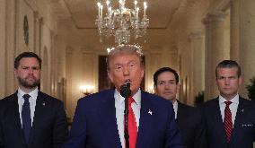 U.S. President Donald Trump delivers an address to the nation at the White House in Washington, following U.S. strikes on Iran's