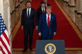 U.S. President Donald Trump delivers an address to the nation at the White House in Washington, following U.S. strikes on Iran's