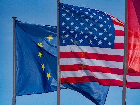 American and European Flags - Paris