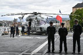 Emmanuel Macron visits the Normandie Frigate in Oslo FA