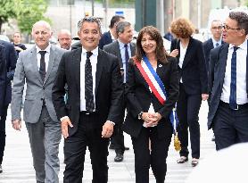 Anne Hidalgo And Gerald Darmanin At Robert Badinter Parvis Inauguration - Paris