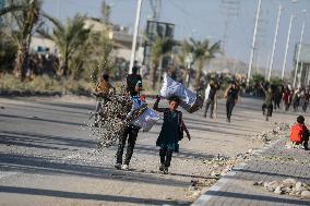 Palestinians Carry Collected Tree Branches and Scrap Wood - Gaza