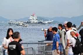 Aircraft Carrier Shandong Sailing In Hong Kong Waters