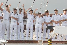 Princess Leonor Arriving To Gijon On Board Juan Sebastian Elcano