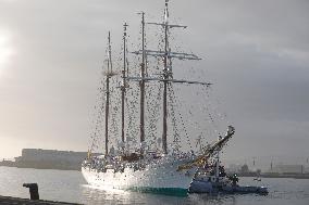 Princess Leonor Arriving To Gijon On Board Juan Sebastian Elcano