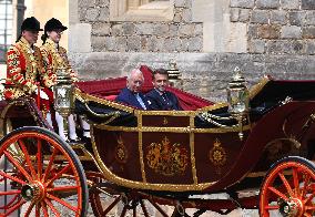Emmanuel And Brigitte Macron Attend Welcoming Ceremony - Windsor